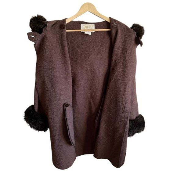 Linda Lundström Wool Laparka Brown Faux Fur Coat XL Vintage - Picture 8 of 16